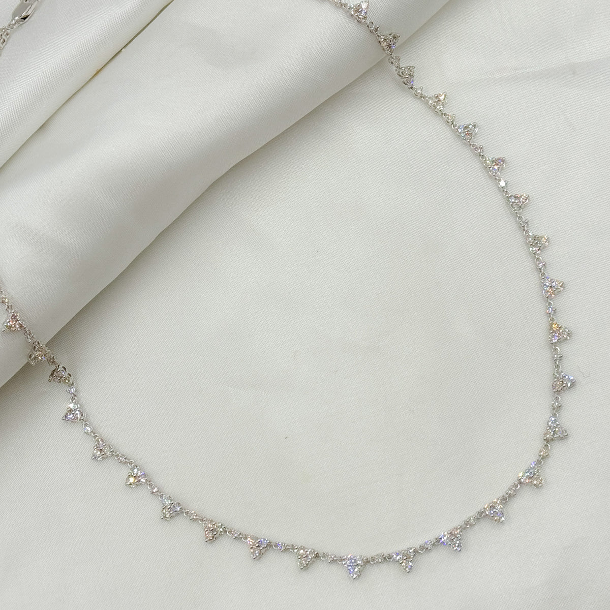 NFU70718. 14K Solid White Gold Diamond Triangles Necklace