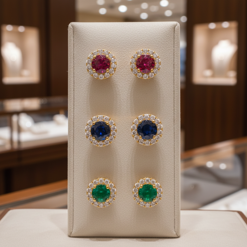 EFC54135. 14K Solid Yellow Gold Diamond and Gemstone Stud Earring