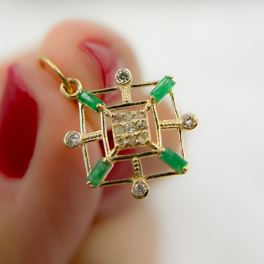 14k Solid Gold Diamond and Emerald Square Charm. GDP626