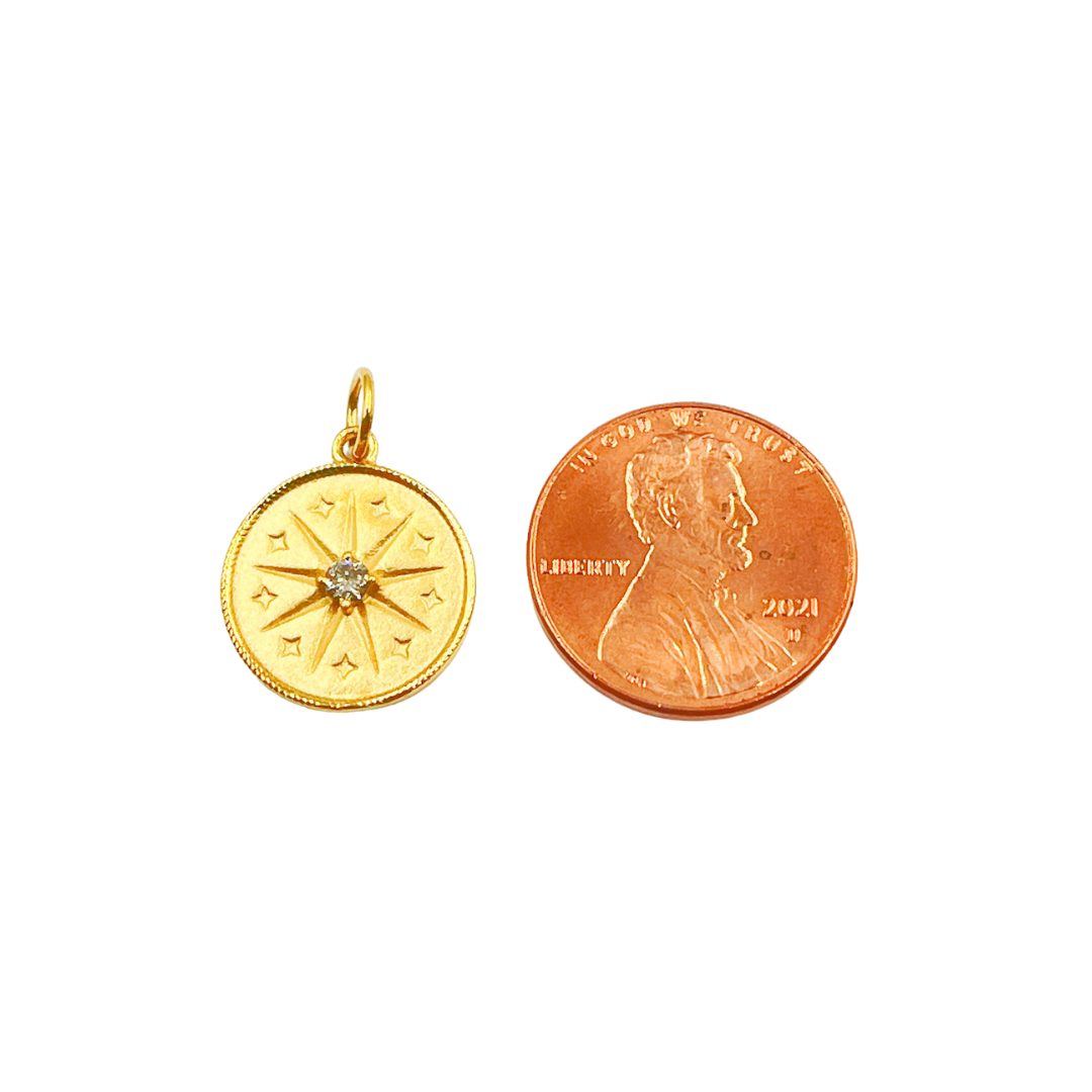 14K Solid Gold Charm. Circle Pendant with Diamonds. GDP176