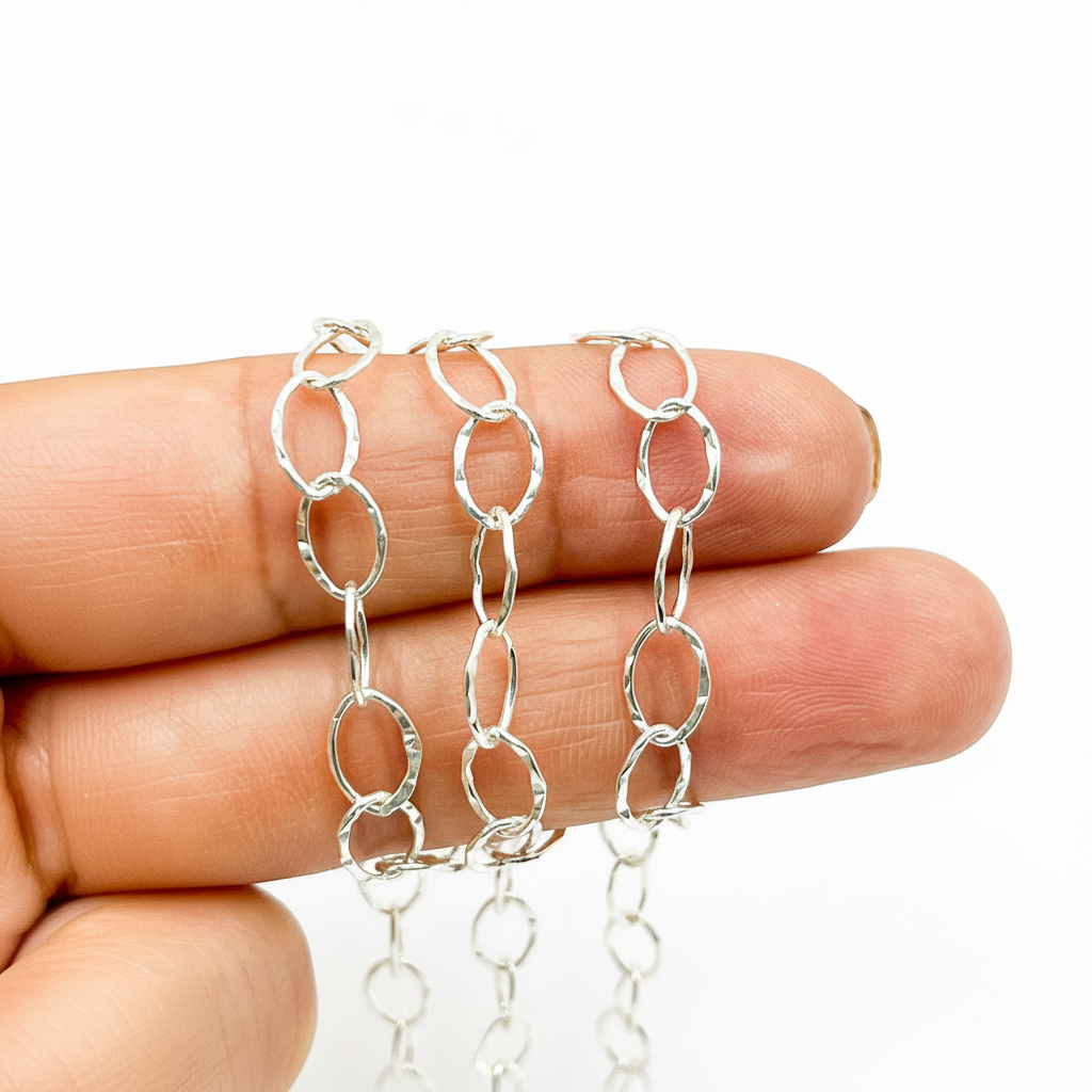 720KSS. Sterling Silver Hammered Oval Shape Chain