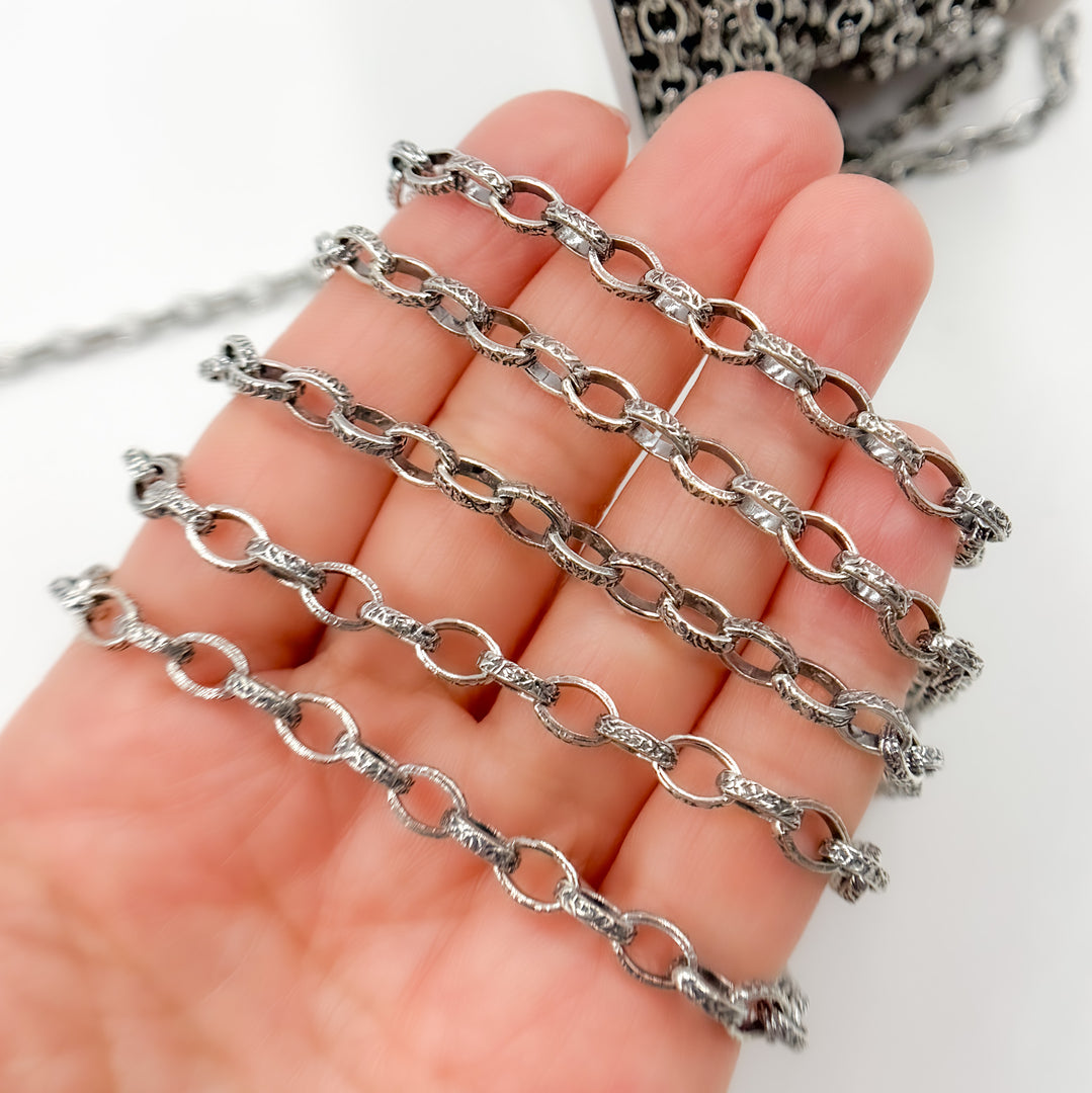 V63OX. Oxidized Sterling Silver Textured Oval Link Chain