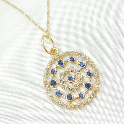 14k Solid Gold Diamond and Blue Sapphire Circle Charm. GDP414