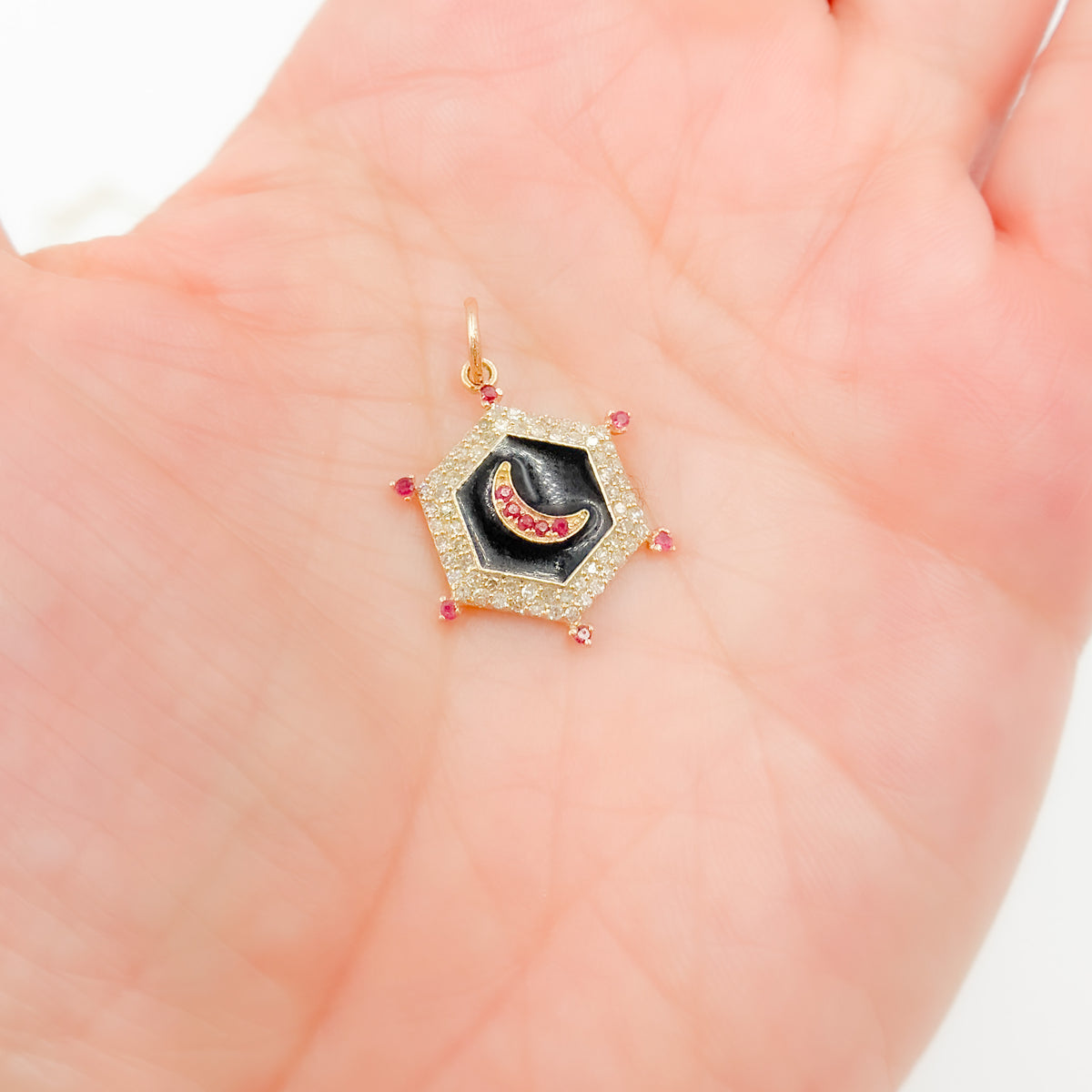 KG226. 14K Gold Hexagon Moon Pendant