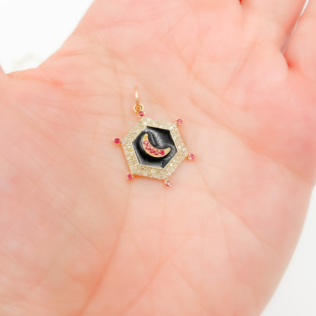 KG226. 14K Gold Hexagon Moon Pendant