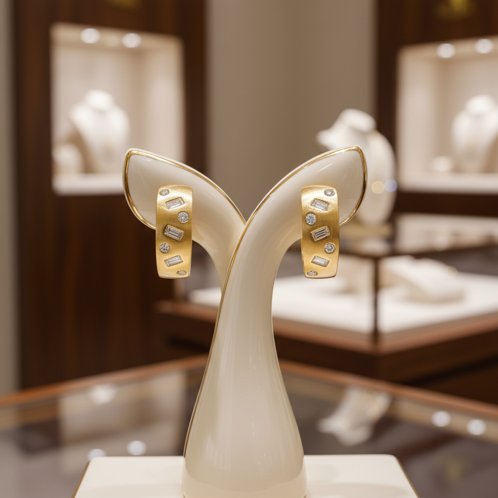 EHF57592. 14K Solid Yellow Matte Gold Diamond Hoop Earring