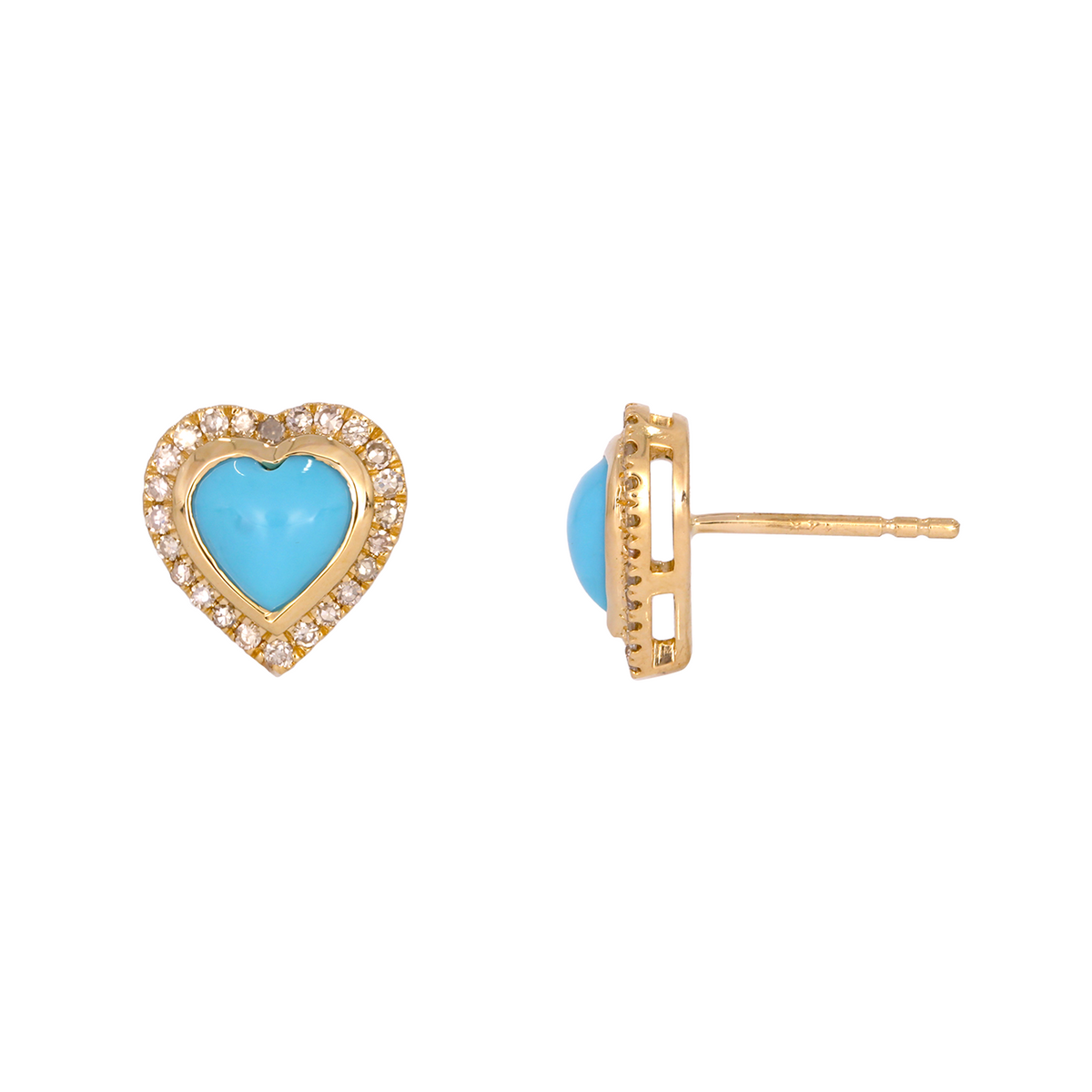 14K Solid Yellow Gold Diamond and Turquoise Heart Earring