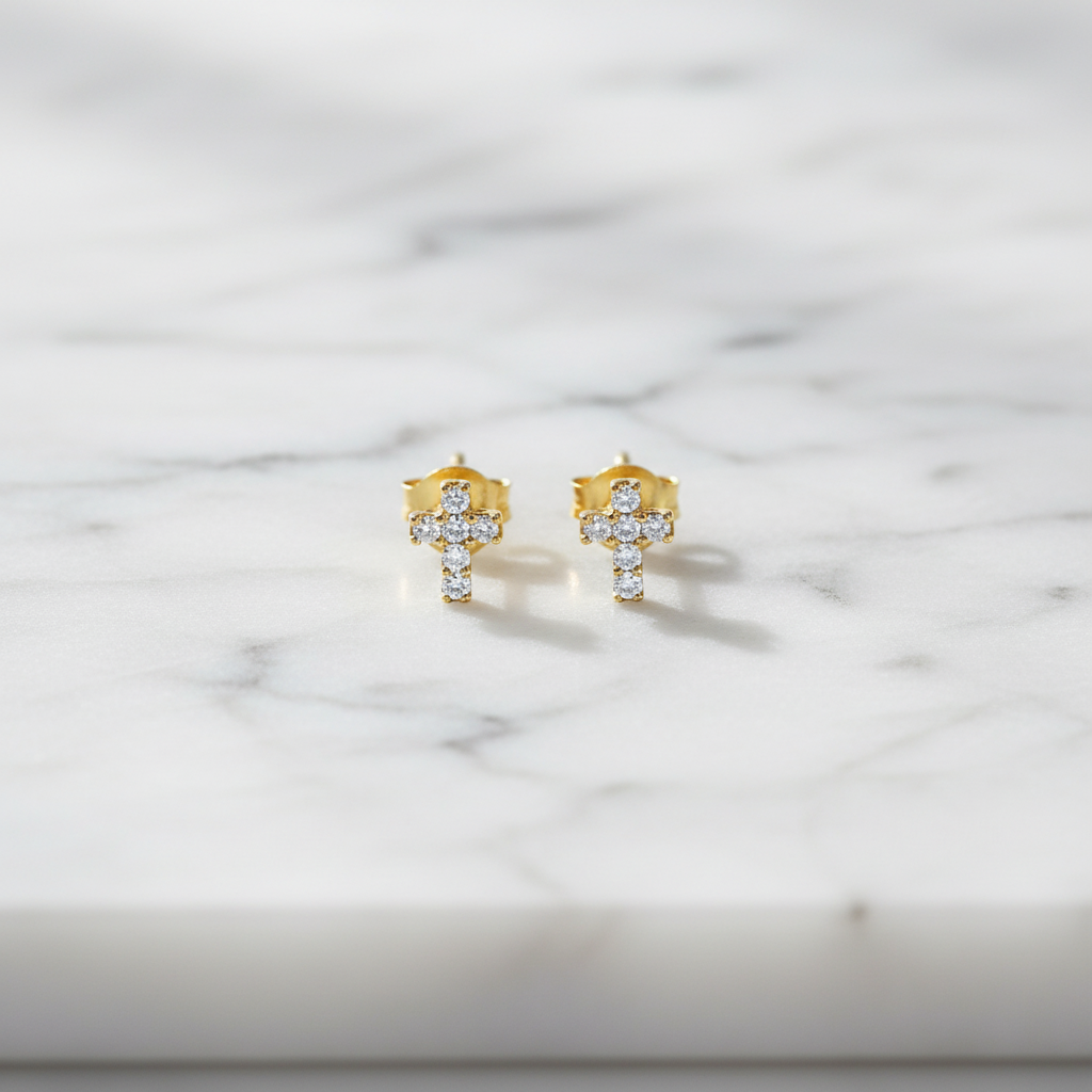 ER427136. 14k Solid Gold Diamond and Gemstone Cross Stud Earrings