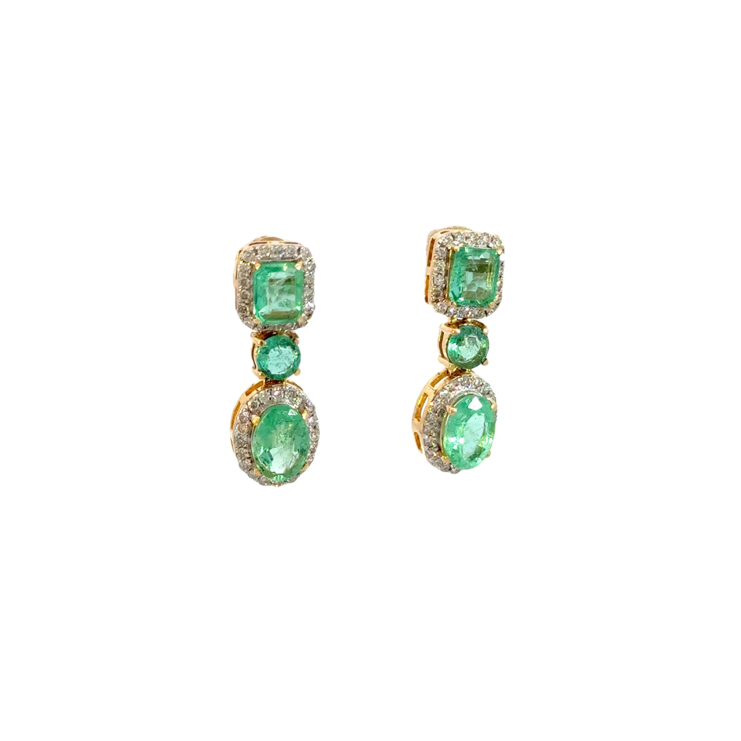 GDT502EM. 14k Solid Gold Diamond and Emerald Dangle Stud Earrings