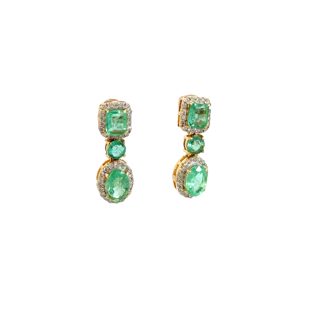 14k Solid Gold Diamond and Emerald Dangle Stud Earrings. GDT502EM