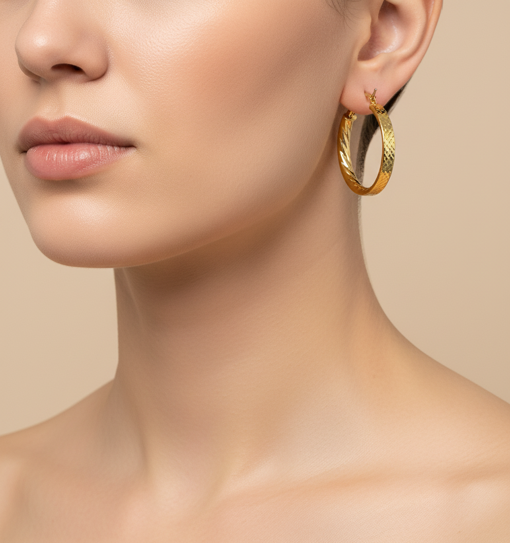 GER2. 14K Solid Gold Textured Hollow Hoops Earrings