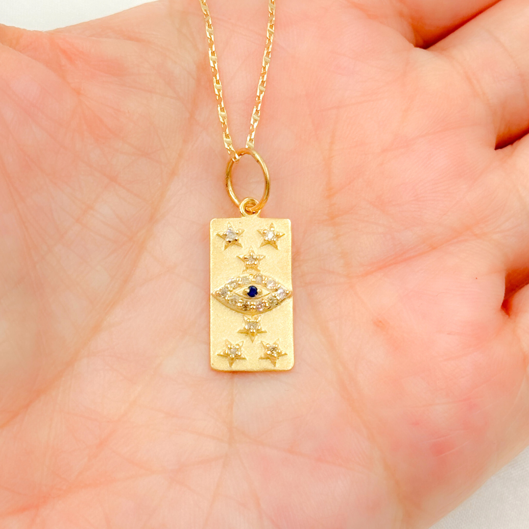 GDP664. 14K Solid Gold Diamond Rectangle Eye and Stars Charm