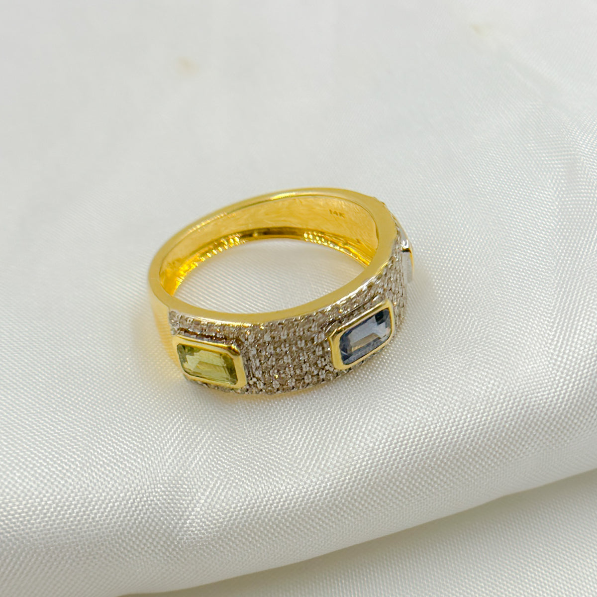 14k Solid Gold Diamond and Multi Sapphire Ring.