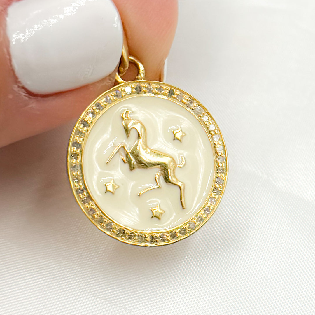 DP607A. Diamond Sterling Silver Round Aries Zodiac Enamel Pendant