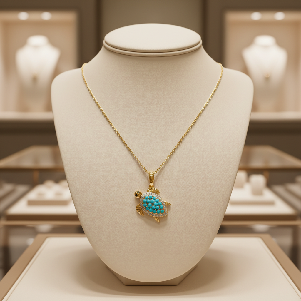 PFD33004TQ. 14K Solid Gold Diamond & Turquoise Turtle Pendant