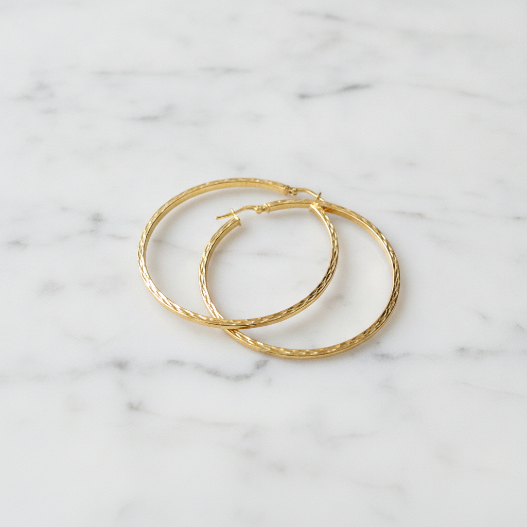 GER157. 14K Solid Gold Hollow Flat Diamond Cut Hoop