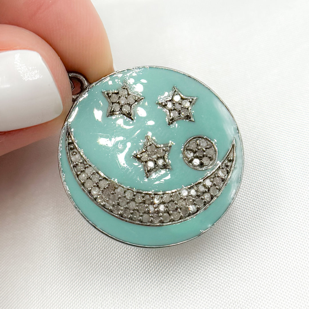 DP510A. Diamond Sterling Silver Round Moon and Star Enamel Pendant