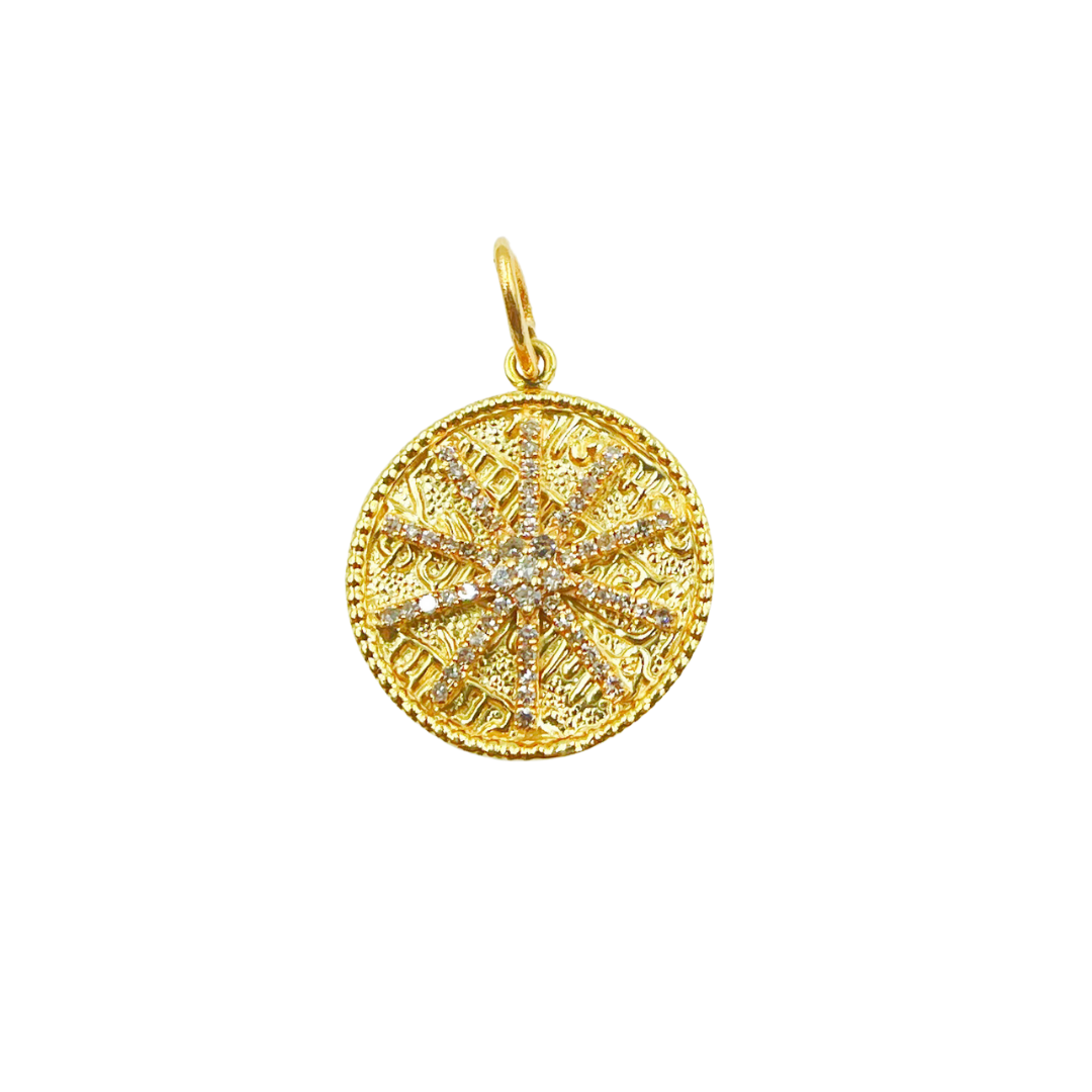 14K Solid Gold with Diamonds Circle Shape Charm with Star in the Center