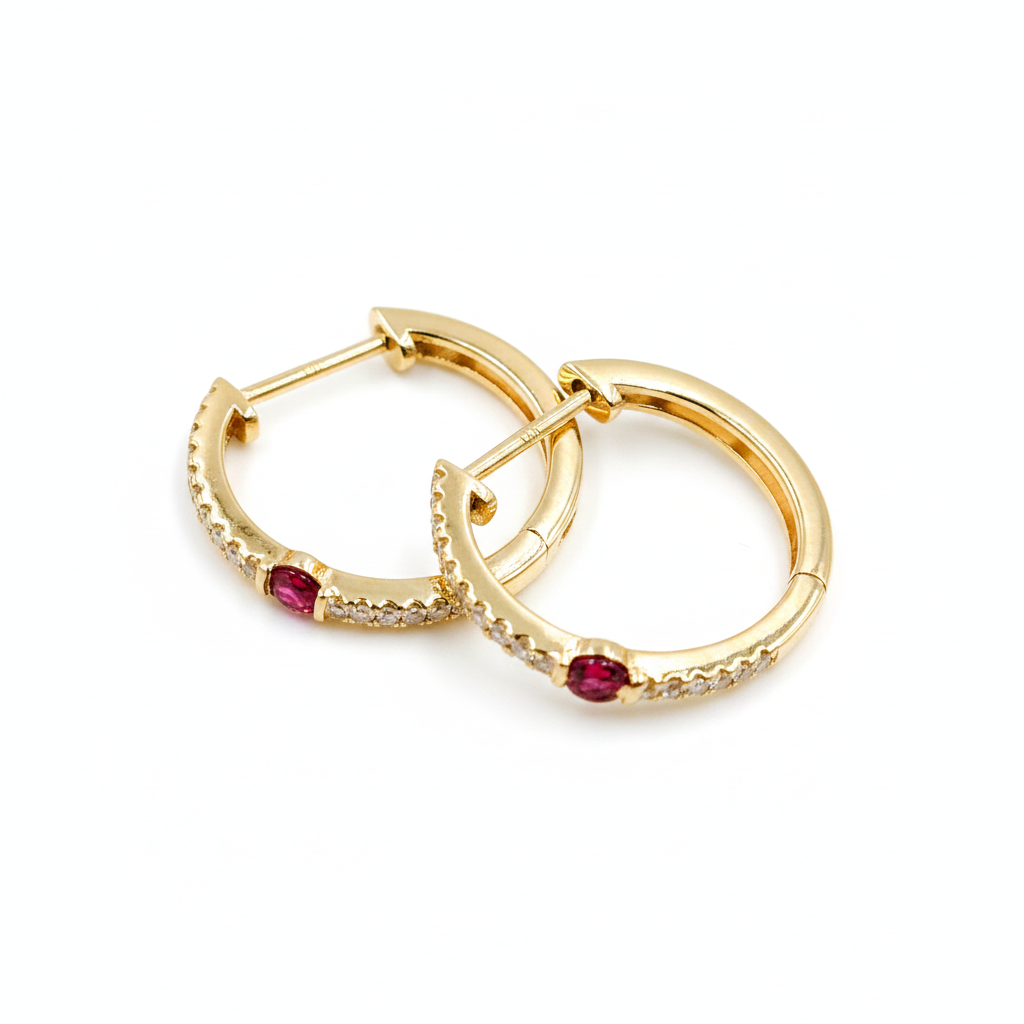 EHC56664. 14K Solid Gold Gemstone & Diamond & Hoop Earrings