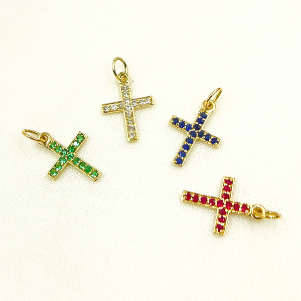 GDP192. 14K Solid Gold Cross Charm in Diamond, Ruby, Blue Sapphire and Emerald