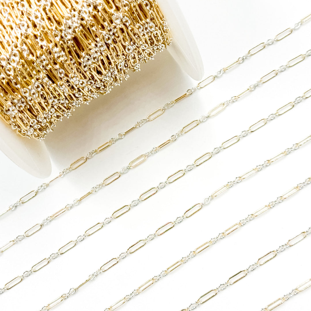 XM/1931K/SP. 14K Gold Filled and Sterling Silver Knurled Link Chain – Long & Short Pattern
