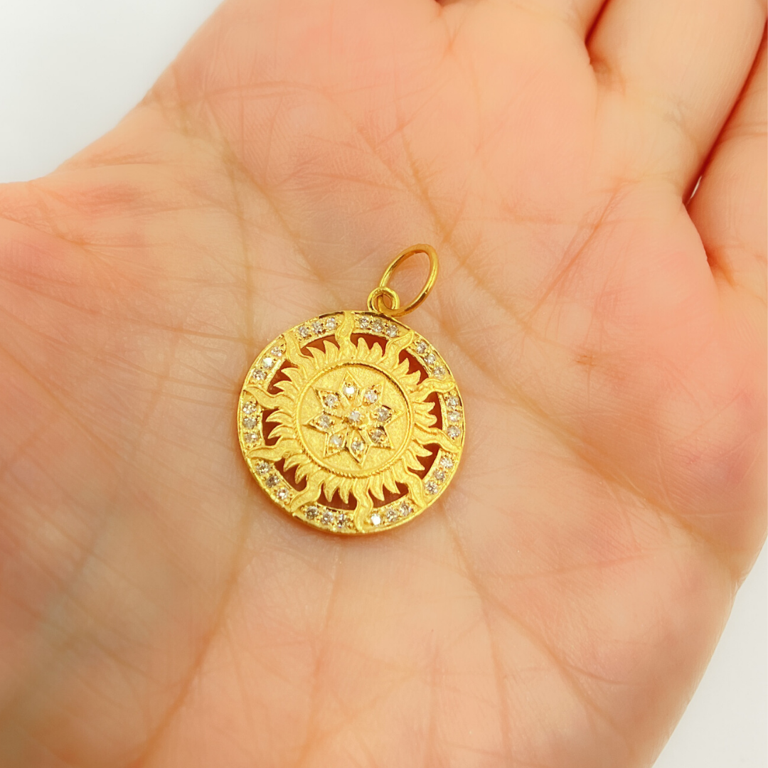 14K Solid Gold Diamond Circle Sun Charm with Star in the Center. GDP257