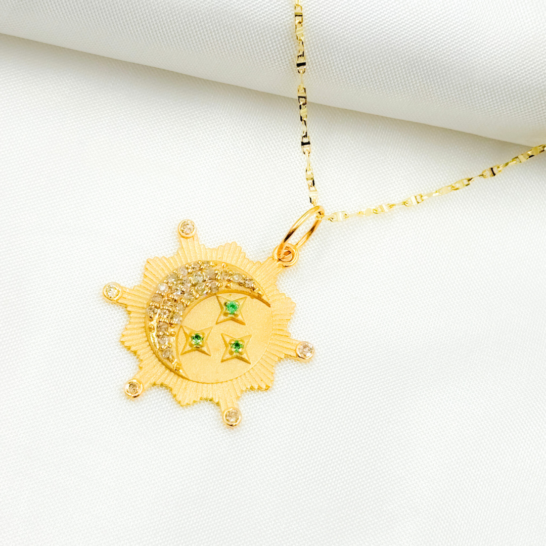 14K Solid Gold Moon and Stars Charm with Diamond and Gemstones. GDP643