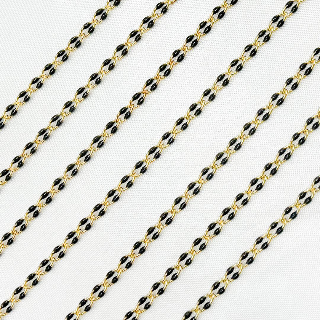 V244BKGP. 925 Sterling Silver Gold Plated Black Enamel Cable Link Chain