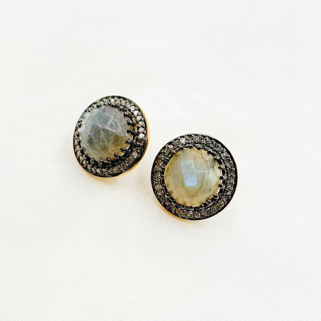 DE043. Diamond Silver Gemstone Round Studs