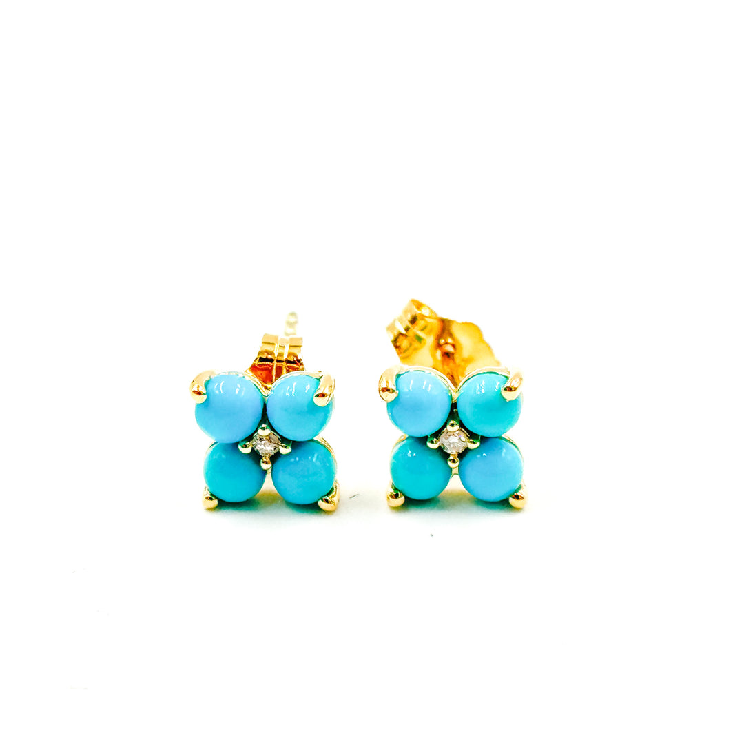 EFA53608TQ. 14K Solid Yellow Gold Diamond and Turquoise Flower Stud Earring
