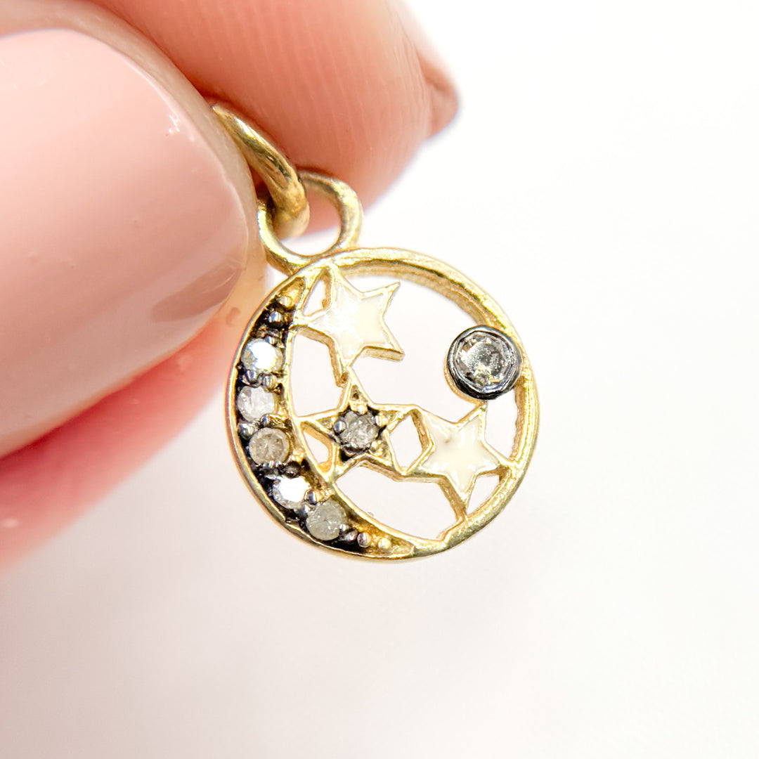 DC312A. Diamond Sterling Silver Round Moon and Star Enamel Charm