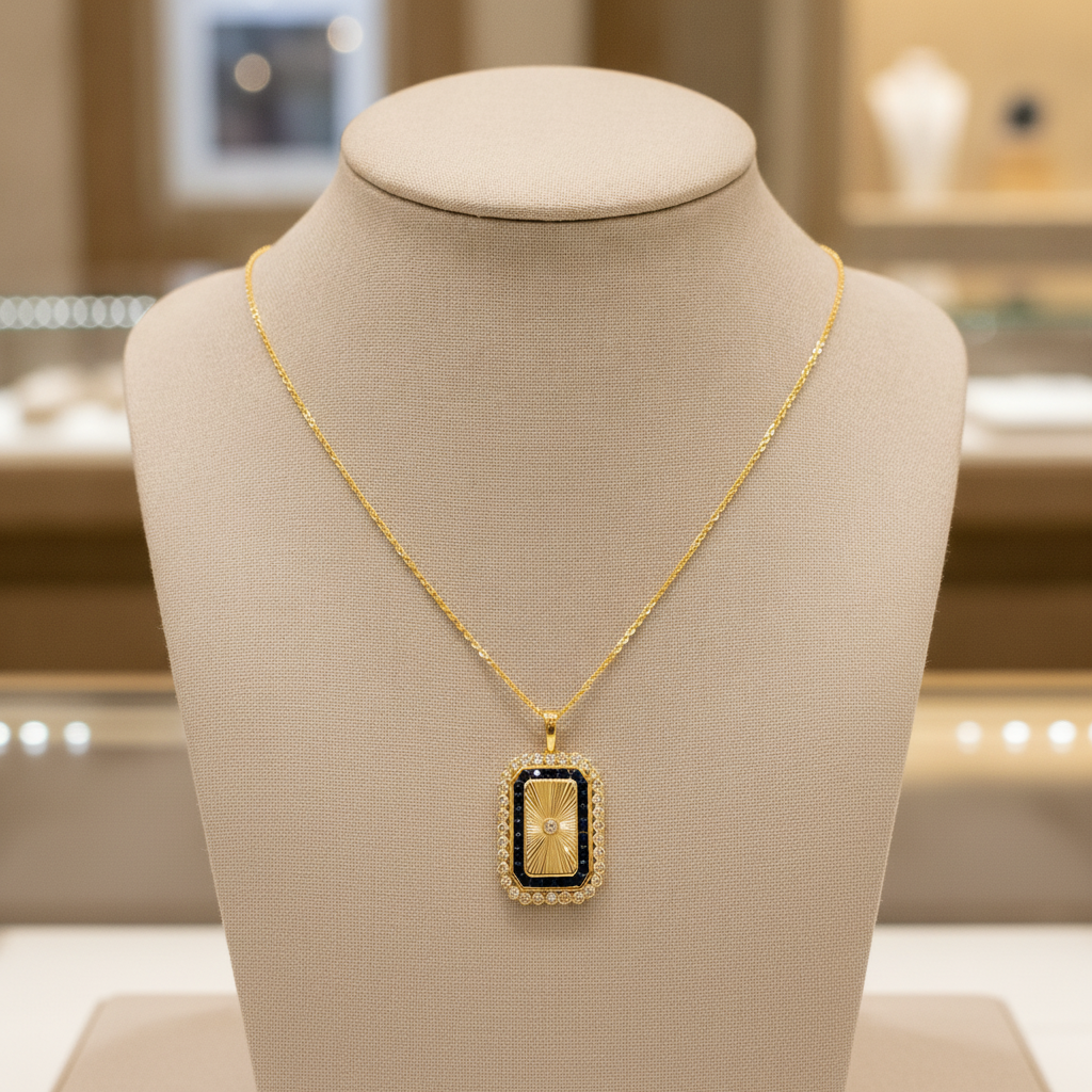PFH33150. 14K Solid Gold Diamond and Blue Sapphire Rectangle Necklace