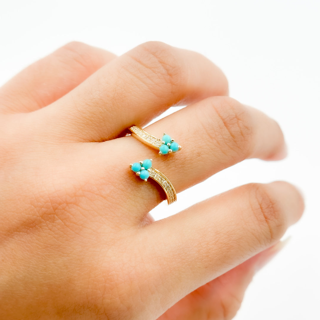 14K Solid Yellow Gold Diamond and Turquoise Open Triangle Ring