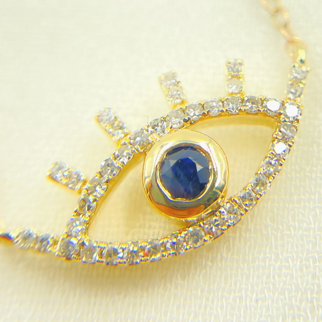 14k Solid Yellow Gold, Diamonds & Precious Stone Cable Link Evil Eye Necklace. NFC70804BS