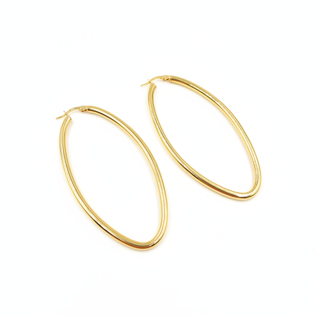 GER152. 14K Solid Gold Hollow Oval Hoop