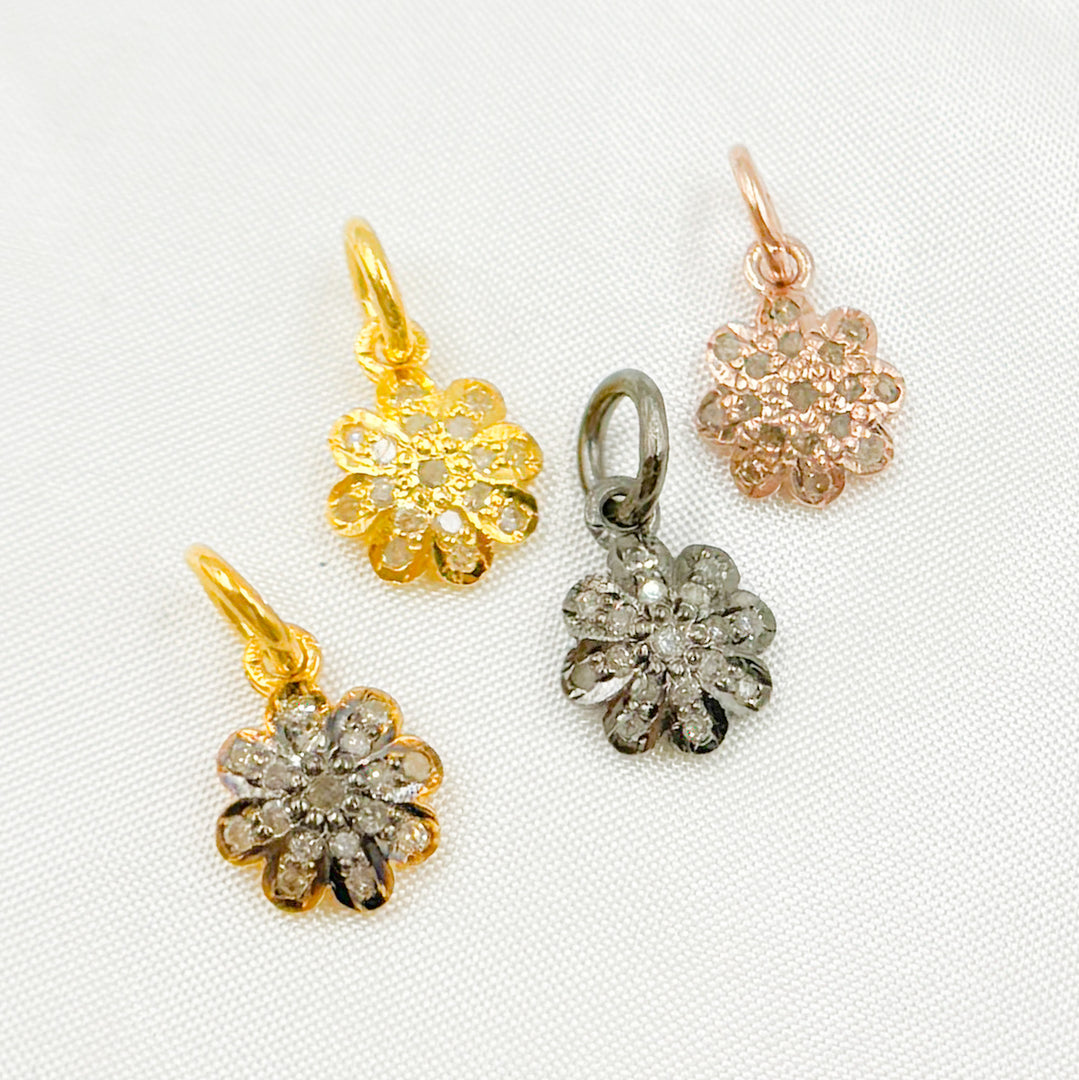 DC252. Pave Diamond & 925 Sterling Silver Black Rhodium, Two Tone (Black Rhodium and Gold Plated), Gold Plated, and Rose Gold Plated Flower Charm.