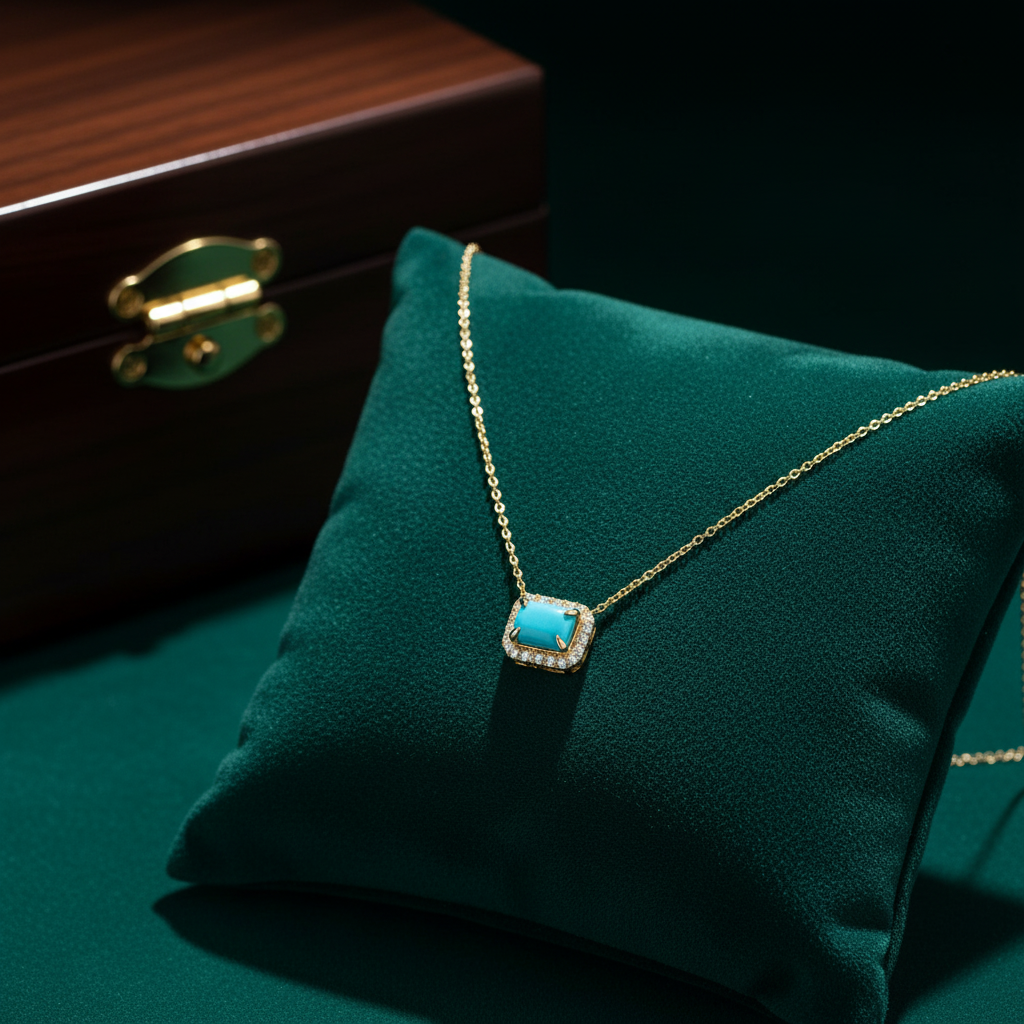 NT407129. 14K Solid Gold Octagon Turquoise Fancy Tiny Necklace
