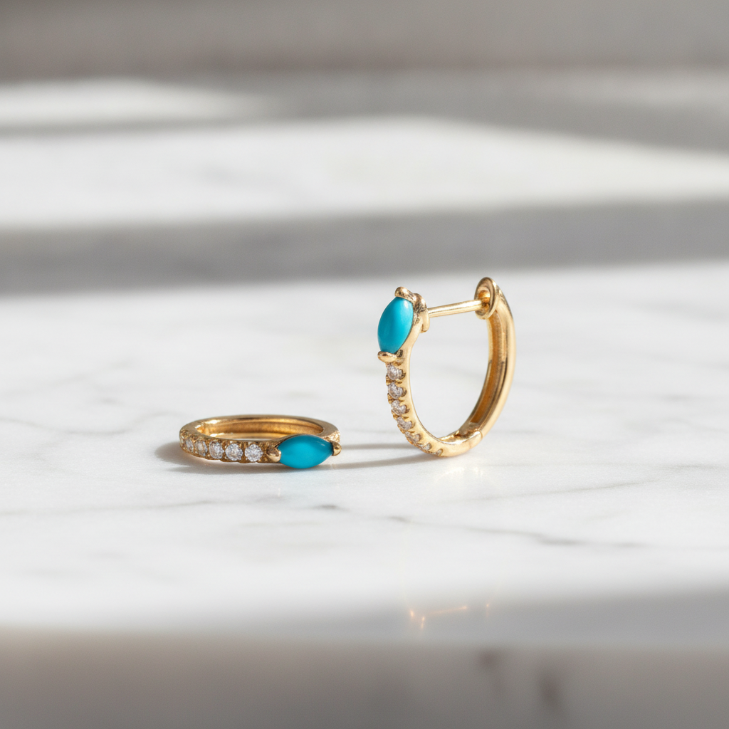 EHC57586TQ. 14K Solid Yellow Gold Diamond and Turquoise Hoop Earrings