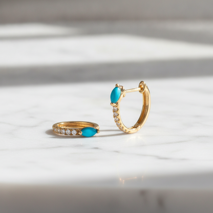 EHC57586TQ. 14K Solid Yellow Gold Diamond and Turquoise Hoop Earrings