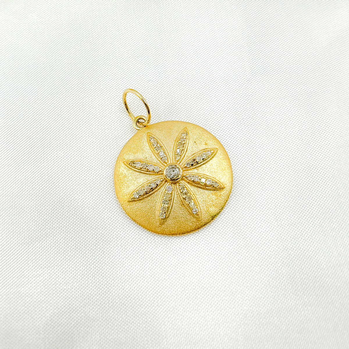 GDP249. 14K Solid Gold Diamond Circle and Flower Charm
