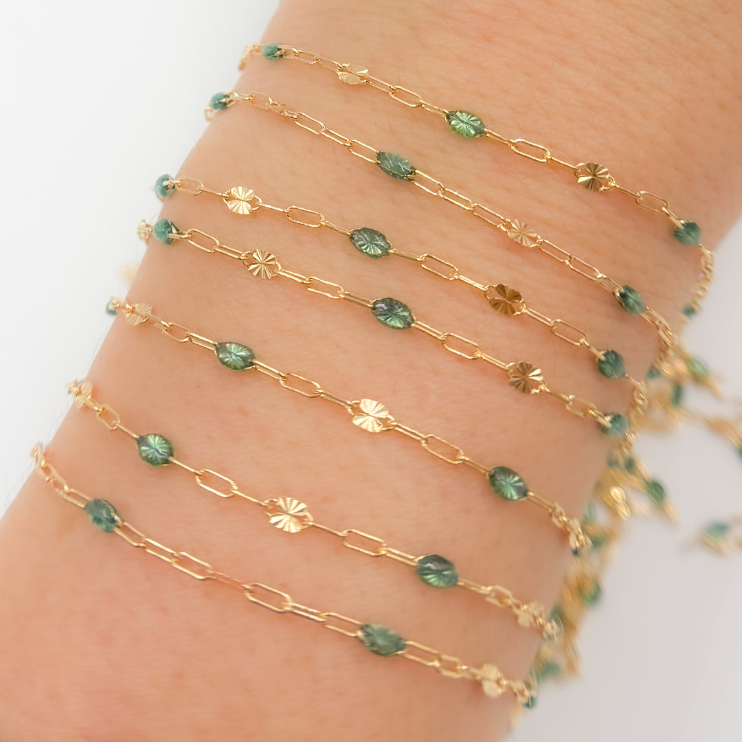 V295OGGF. 14K Gold Filled Olive Green Color Enamel with Paperclip and Diamond Cut Marina Links