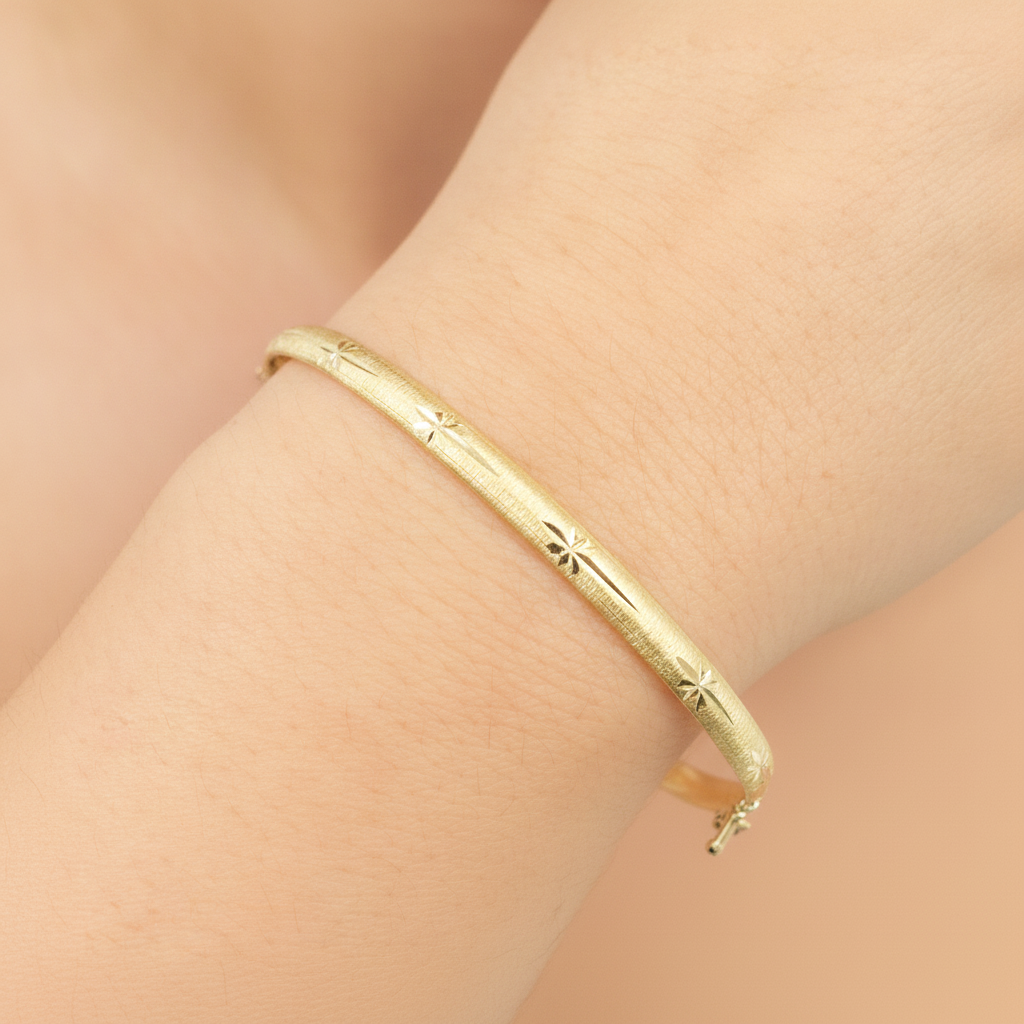 Bangle15. 14K Solid Gold Matte Star Textured Bangle