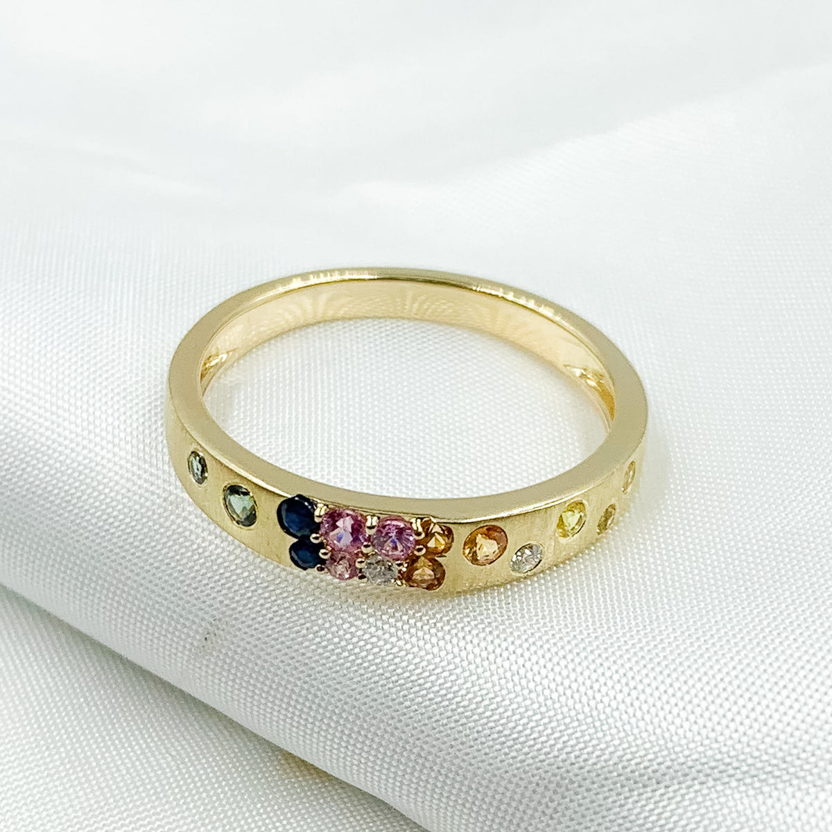 14K Solid Gold Diamond and Multi Sapphire Band Ring.