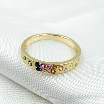 14K Solid Gold Diamond and Multi Sapphire Band Ring.