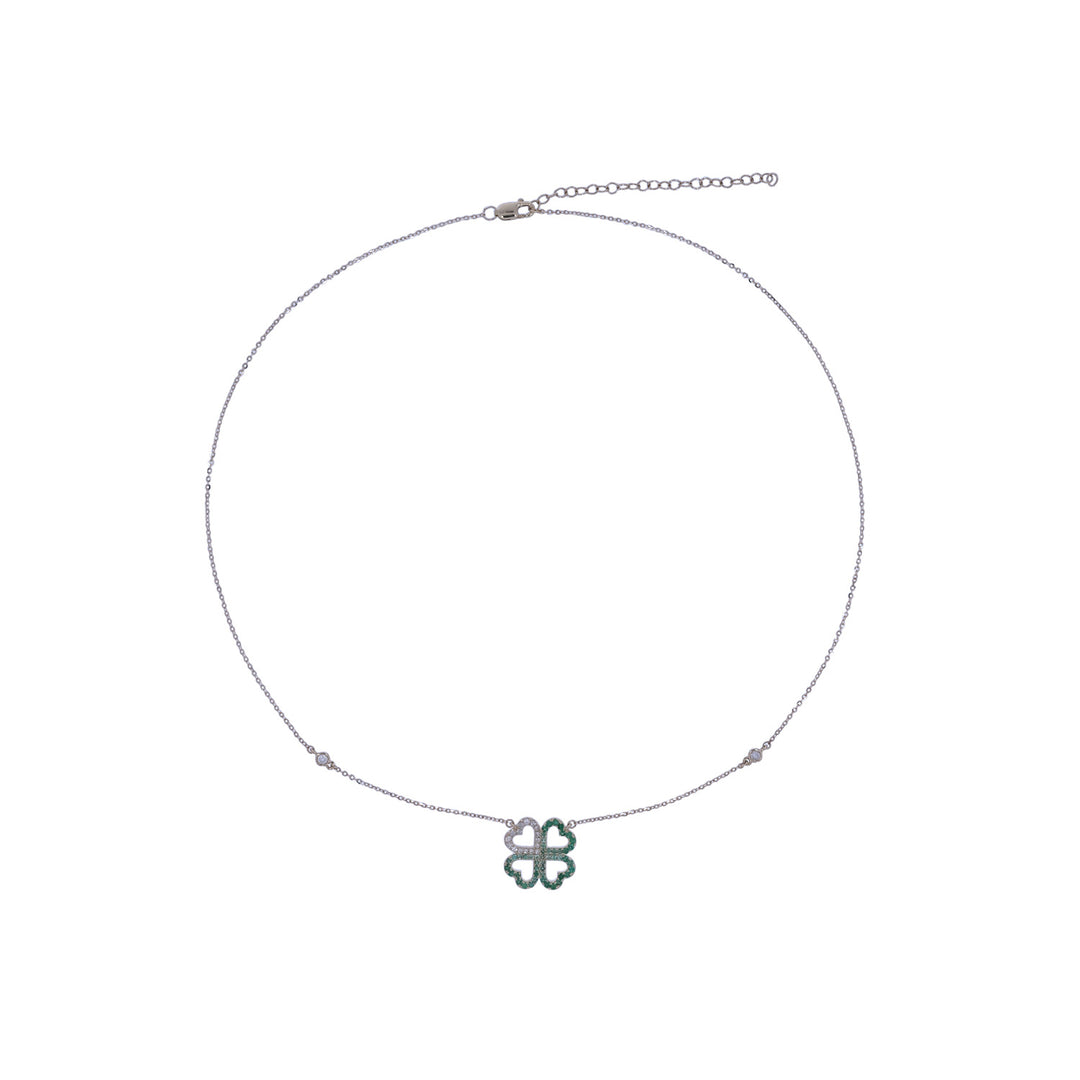 NFD72910EM. 14K Solid Gold 4 Heart Clover Diamond and Emerald Necklace