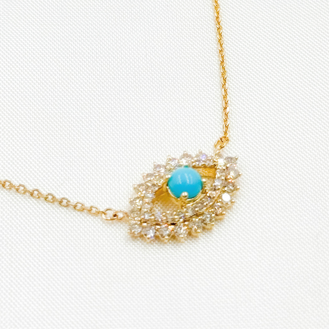 14K Solid Gold Diamond and Turquoise Eye Necklace. NFG71492TQ