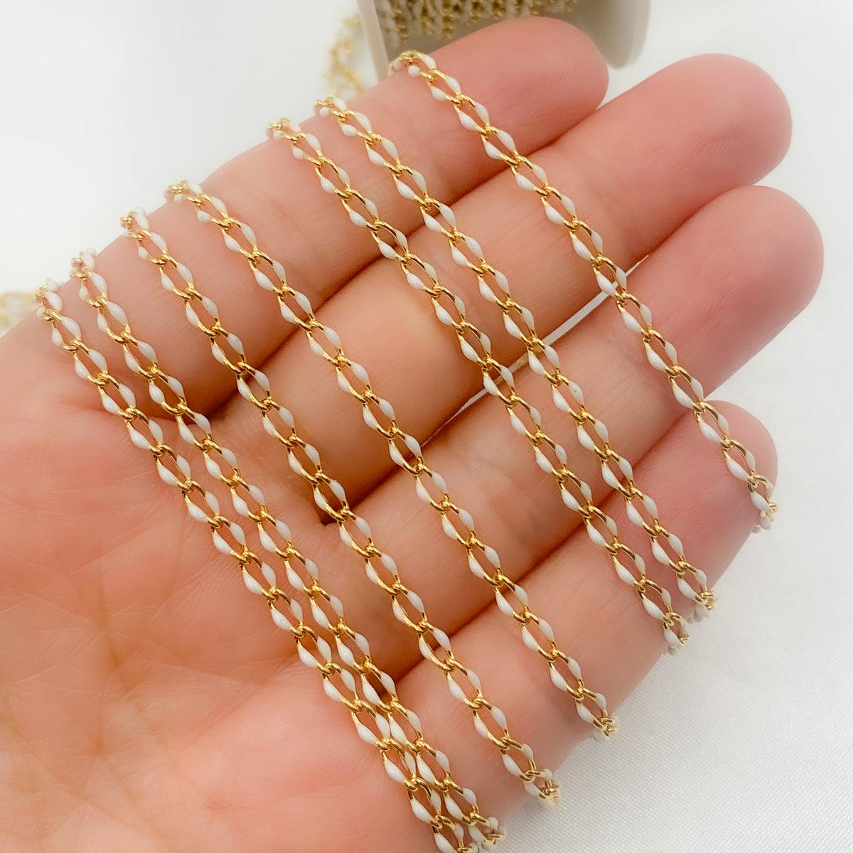 V244WTGP. Sterling Silver Gold Plated White Enamel Cable Link Chain
