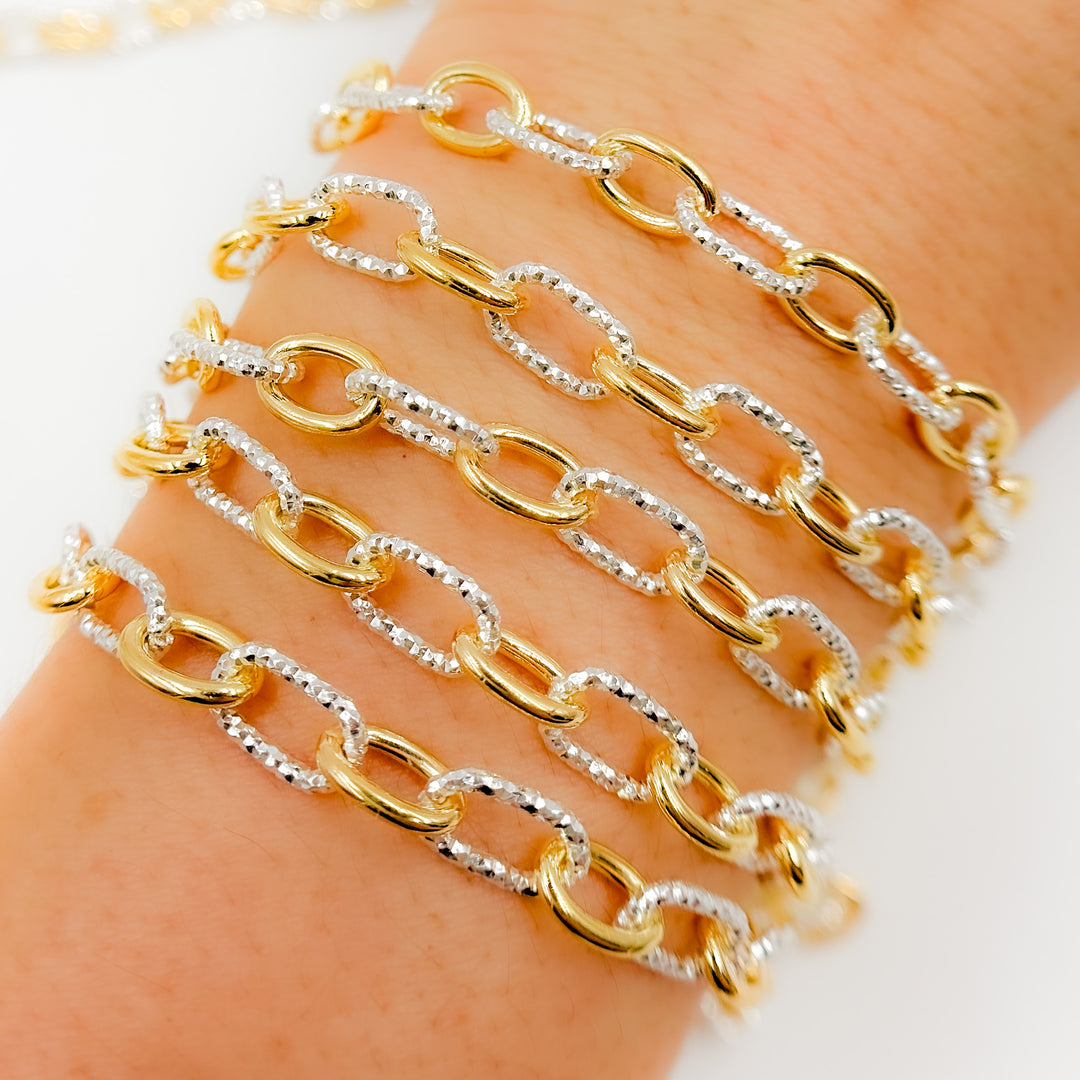 V308TT. Gold Filled and Silver Mixed Link Cable Chain - Smooth & Diamond Cut Links