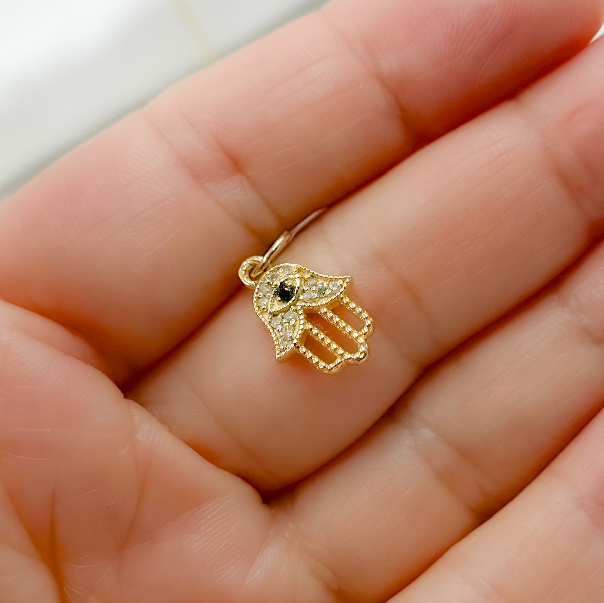 GDP389. 14K Solid Gold Diamond Hamsa Charm with Gemstone