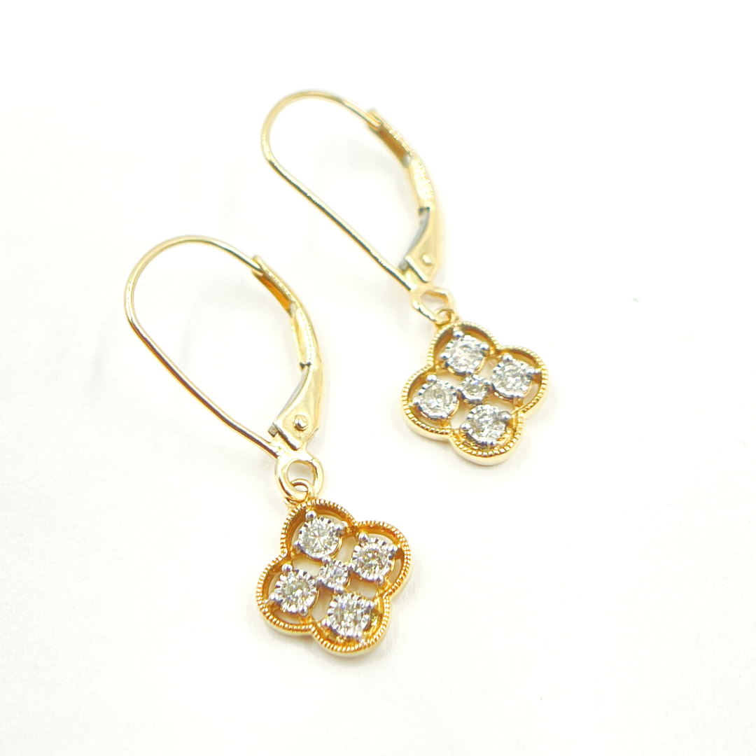 14K Solid Gold and Diamonds Flower Dangle Earrings. GDT63
